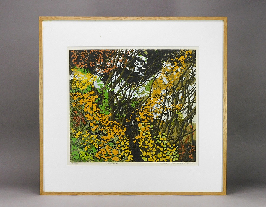 岡本省吾 秋の斜面(樹木風景)カラーメゾチント 銅版画 額装 1978