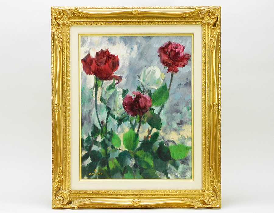 人気セール，豊富な 奥田仁 薔薇 F6 油彩 額装 師須田国太郎 小林和作