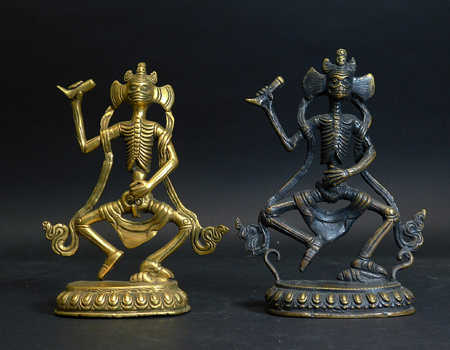 チベット仏 鋳銅仏(銅器)屍陀林王(チティパティ)立像(2体)金銅仏(仏像